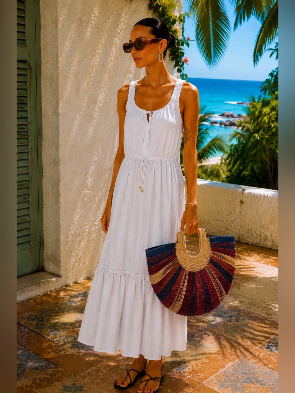 NWT Zara Paneled White Cotton Summer Midi with Beaded Adjustable Waist Strings